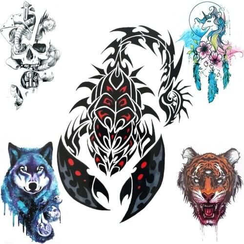 Scorpion King Fake Temporary Tattoos For Women Men Death Skull Wolf Tattoo Watercolor Tiger Unicorn Feather Bird Tatoo Body Hand