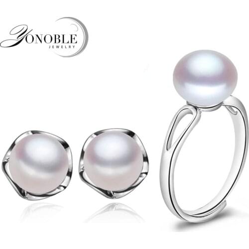 YouNoble fashion ring earring for women,real freshwater natural pearl earring sets 925 silver jewelry girl best gift white black