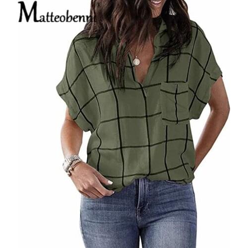 New Plaid Print T-Shirt Top Women Casual Cotton Short Sleeve Shirt Women Loose T Shirt Pullover Summer Casual Streetwear T-Shirt