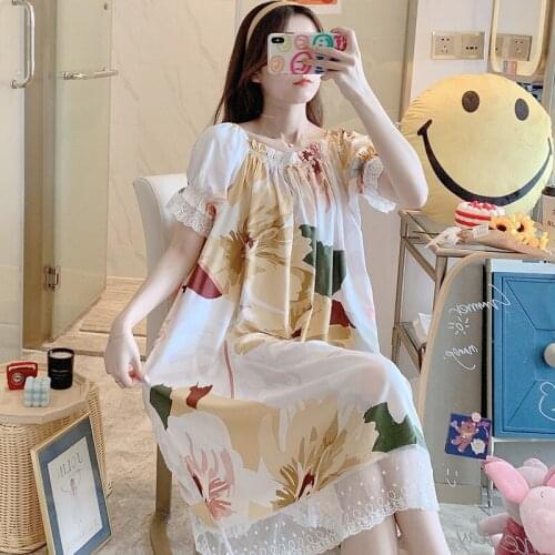 2021 New Summer Cotton Silk Thin Nightdress Women Short-sleeved Cute Printing Japanese Long Casual Large Size Viscose Home Wear