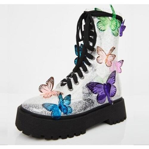Butterfly Appliques Lace Up Boots Woman Clear PVC Thick Platform Bottom Boot Height Increased Wing Shoes Short boots