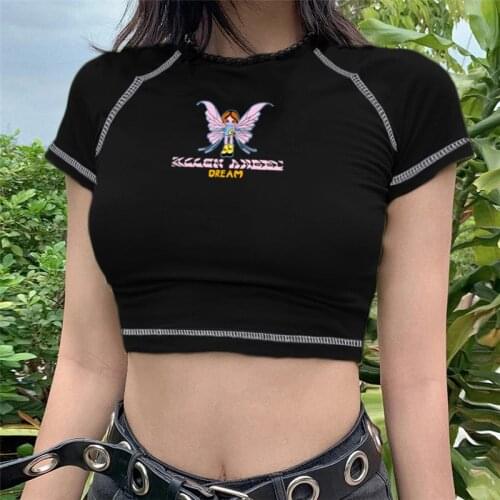 Goth T-shirt Y2k Womens T-shirts Crop Top Aesthetic Vintage Street shirt Harajuku Punk shirt Rap Woman Tshirts Anime Tops New