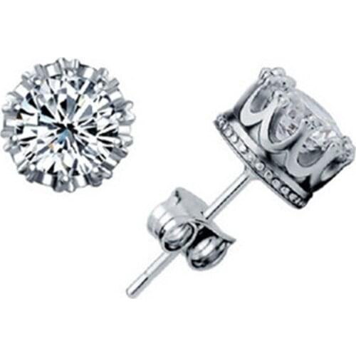 925 Sterling Silver Classic Crown Shining Zircon Small Stud Earrings AAA Cubic Zirconia Earrings Jewelry For Girls S-E17