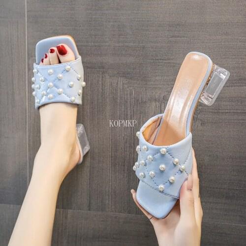 2021 Transparent Pvc Sandals Women Square Toe Transparent Pearl Cup High Heels Sexy Summer Shoes Kopmkp Women Sandals 35-43