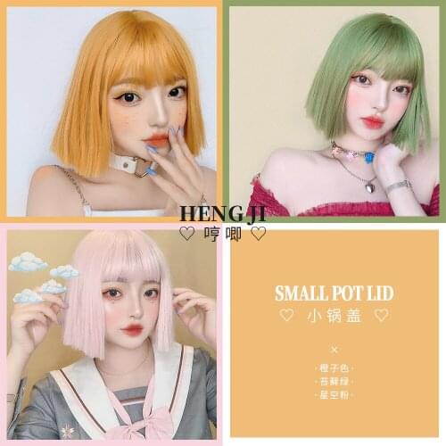 Womens Straight Short Hair Natural Bobo Internet-Famous round Face Orange cosplay accessories lolita wig gothic lolita
