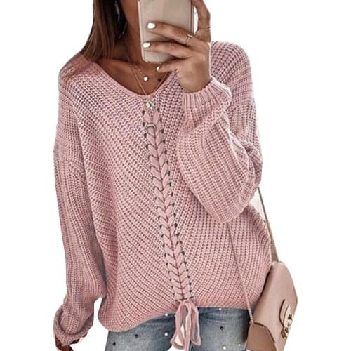 Fashion Women Solid Color V Neck Long Sleeve Drawstring Casual Knitted Sweater Womens Clothing свитера женские 2020 pull femme