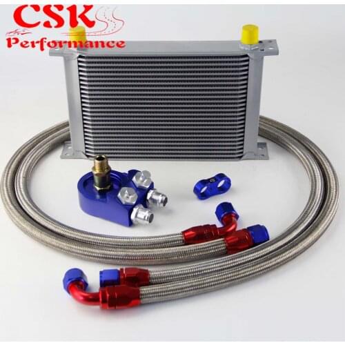 25 ROW AN-10AN UNIVERSAL ENGINE TRANSMISSION OIL COOLER+SS Braided Hose kit BLUE