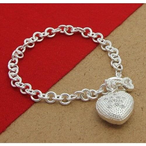 925 Sterling Silver Crystal Heart Tag Charm Bracelet & Bangle Fashion Women Wedding Party Jewelry Accessories Gifts Pulseira