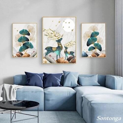Diamond Embroidery Abstract Landscape Golden Elk Leaf Diamond Painting Cross Stitch Wall Art Pictures for Living Room Home Decor