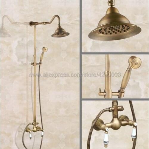 Antique Brass Bathroom Rainfall Shower Faucet Set Mixer Tap With Hand Sprayer Wall Mounted Kan505