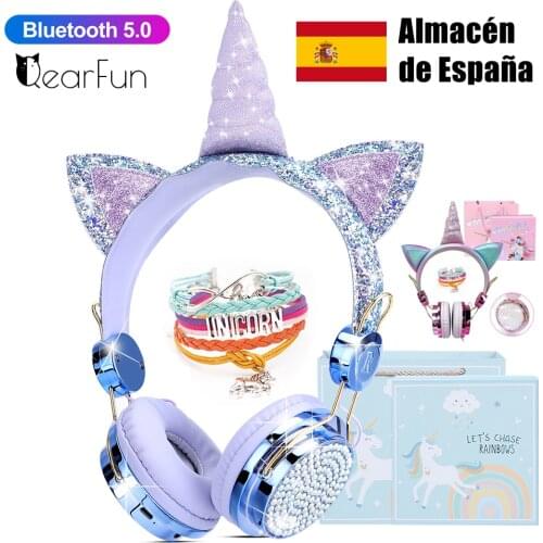 Cute Girl Unicorn Wireless headphones with Mic, Child Music Stereo Headsets for Children Helmets, Kids Phone Bluetooth Earphones