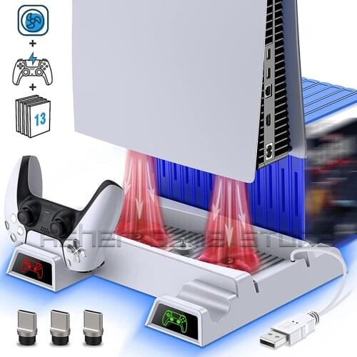 For Playstation 5 Disc & Digital Console PS5 Vertical Stand 2 Controller Charging Dock 2 Cooling Fan 13 Game Slot 3 USB 2.0 Port