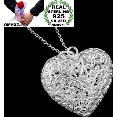 OMHXZJ Wholesale Personality Fashion Woman Girl Party Gift Silver Hollow Heart 925 Sterling Silver Charm Pendant Necklace CH61