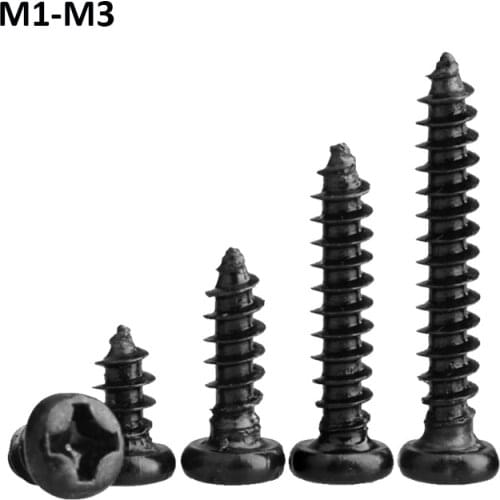 M1-M3 Black Phillips Pan Head Self Tapping Screws Cross Recessed Round Head Self-Tapping Bolts Furniture Wood Screw