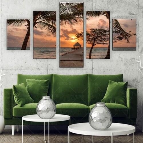 Canvas Art Print Modular Wooden Bridge Painting Poster Wall 5 Panel Sunset Picture For Home Decoration Sea Kids Room Framework