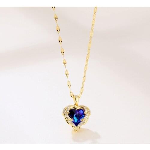Blue Eternal Love Heart Stone Necklace Charm Multicolor Crystal Pendants Necklaces For Women Wedding Vintage Gold Chain Necklace