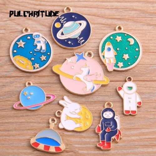 PULCHRITUDE 3pcs Mix Size 9 Styles Alloy Metal Drop Oil Planet Series Charms Pendant For DIY Bracelet Necklace Jewelry Making