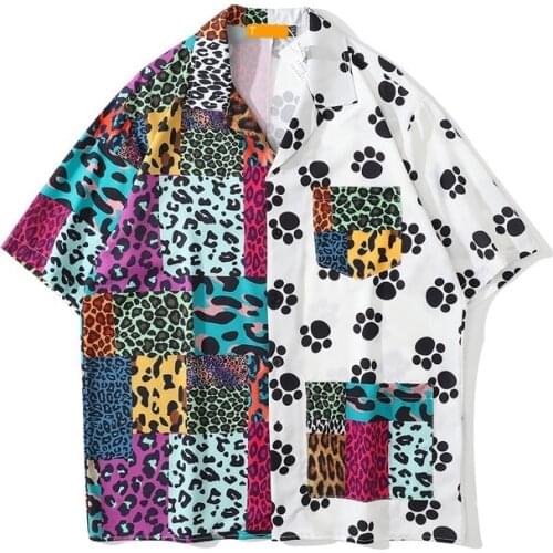 Leopard Pattern Patchwork Design Sense Pocket Short Sleeve Shirt Men and Women Trend Casual Resort Beach Shirt Summer