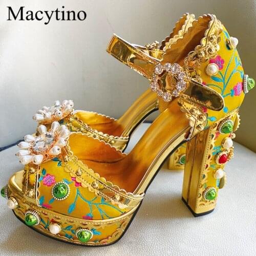 New style gemstone platform sandals super high heel pearl decoration luxury flower shoes ladies formal bridal wedding sandals