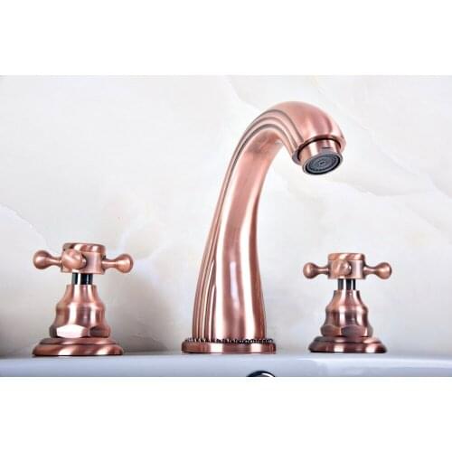 Antique Red Copper Double Cross Handle Deck-Mount 3 Hole Widespread Bathroom Lavatory Bathtub Basin Faucet Sink Mixer Tap drg079