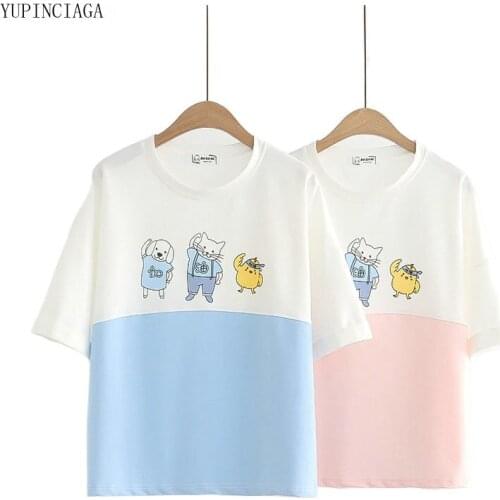 Harajuku Cartoon Printed T-shirt Women 2021 Summer New Funny Cotton Short Sleeve Patchwork Tshirt Tops Tee For Girls 2114277