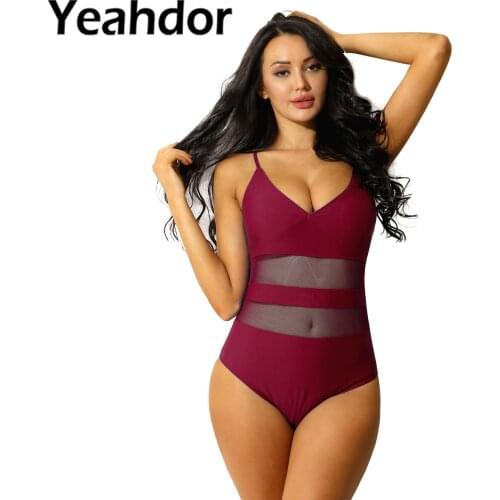 2021 Women Sexy Swimsuit Swimming Outfit Beachwear V Neck Patchwork Mesh Bathing Suit One Piece Halter Tummy Control Swimwear