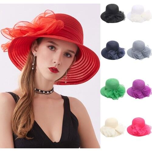Women Church Dress Fascinator Bridal Cap British Tea Party Wedding Hat Solid Wide Brims Transparent Yarn Pretty Big Bow Sun Hat