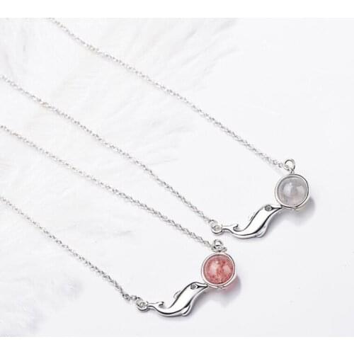 Pink Strawberry Crystal Pendant Dolphin Moonstone 925 Sterling Silver Clavicle Chain Literary Female Necklace SNE375