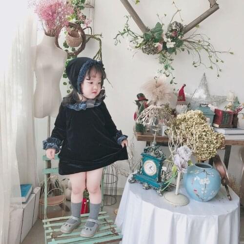 Winter Spanish Children Clothing Girls Lotus Leaf Pleated Collar Velvet Retro Dress Toddler Girl Christmas Outfits Kids Clothes