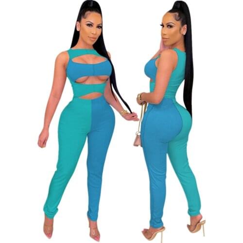 2021 Women Ribbed Patchwork Legging Pants Set Sleeveless Cut Out Tank Tops Matching 2 Two Piece Set Yoga Tracksuit Outfit