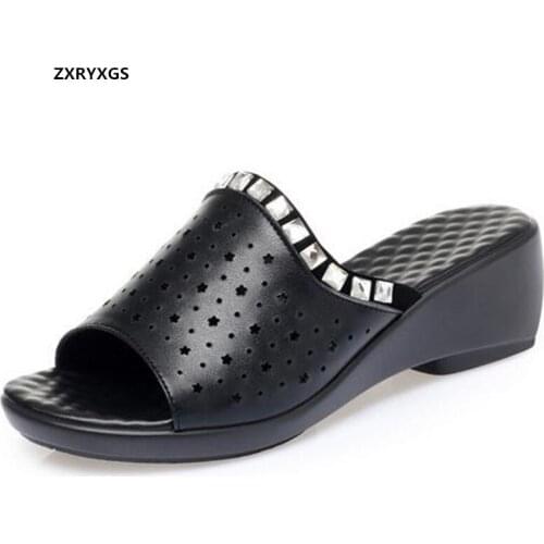 2021 New Fish Mouth Hollow Genuine Leather Crystal Summer Slippers Large Size Sole Comfort Wedges Slippers Women Sandal Shoes