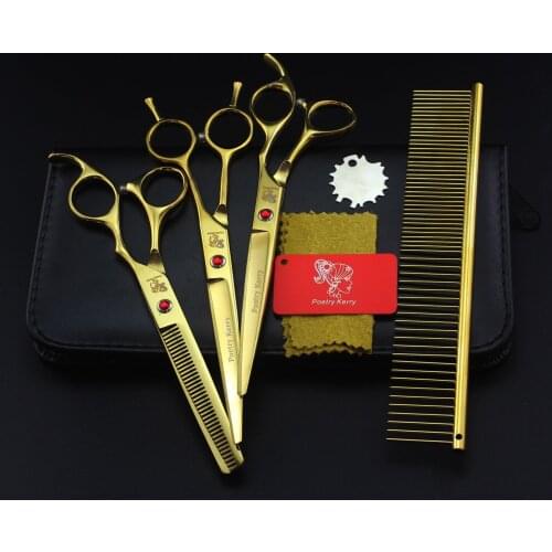 7.0 inch gold plated 4 pieces pet grooming scissors straight cut set dense tooth tooth scissors