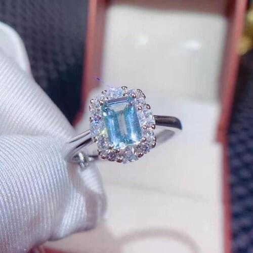 Natural Aquamarine Gemstone Block Ring S925 Sterling Silver Fine Fashion Charming Jewelry for Women Free Shipping