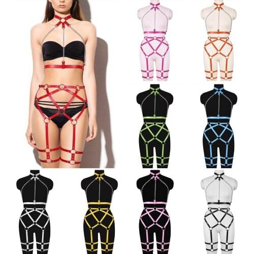 Harajuku 2-Piece Set Lingerie Gothic Women Leather Full Body Bondage Straps Body Chain Garter Belt Stockings Fetish Rave Outfit
