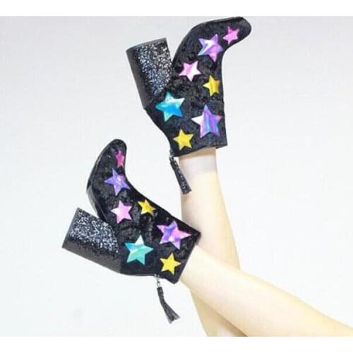 Fashion Lightning Side Ladies Chunky Heel Boots Multi Colors Stars Patchwork Women Pointed Toe Glitter Ankle Boots Knight Boots