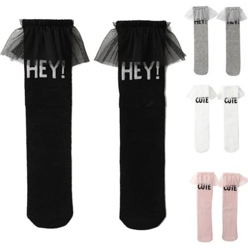 Toddler Baby Little Girls Knee High Socks with Ruffles Lace Trim Letters Print Soft Cotton Infants Princess Stockings