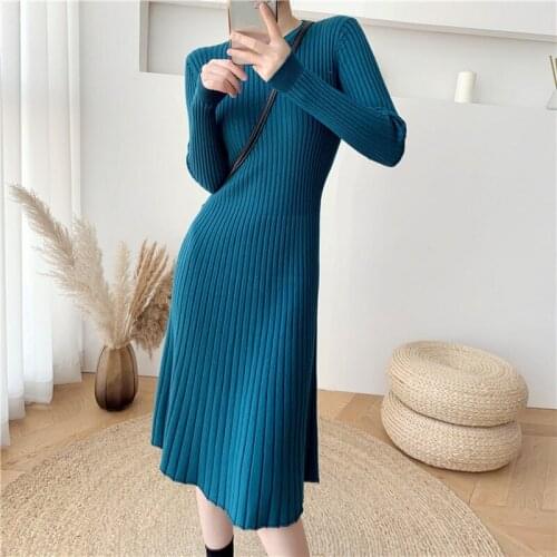 2021 Autumn Winter Sweater Dress Women O-Neck Sweater Dress Female Long Sleeve Elegant Slim Knit Dress Vestido