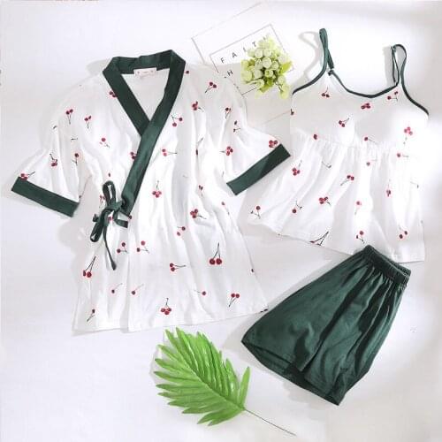 Pajamas Female Summer Sling Three Sets with Chest Pad Knitted Cotton Suit Large Size Fat 200 Pounds Polyester and Cottonhomewear