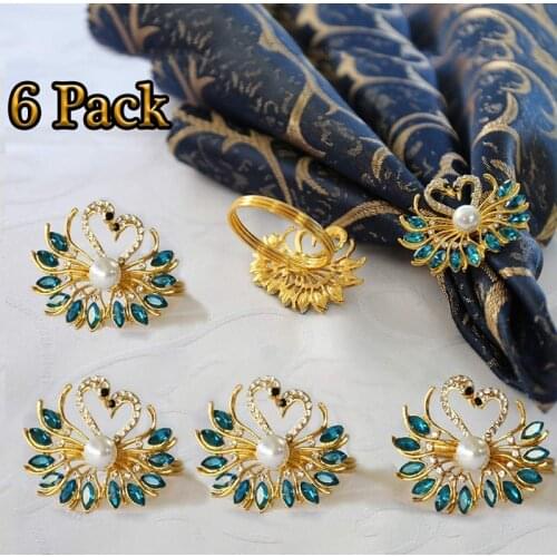 Valentines Day Gift Blue Napkin Ring 6 Piece Set Exquisite Swan Napkin Ring with Blue Rhinestones Tabletop Decoration