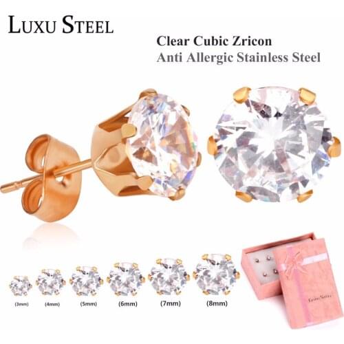 LUXUSTEEL Rose Gold Earrings aretes Brinco Stainless Steel Round Cubic Zirconia 6pairs box Stud Earring Sets Wedding Accessories