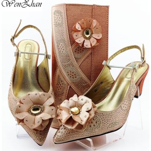 WENZHAN Soft Mid Heels Italian Shoes With Matching Bags Set African Womens Party Shoes and Bag Set in Peach Color 38-43 B911-8