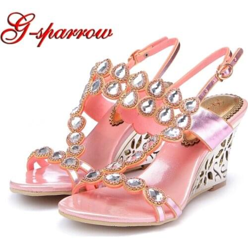 Pink Crystal Wedges High Heel Woman Shoes Summer New Designed Sandals Ladies Floral Sexy Open Toe Party Shoes