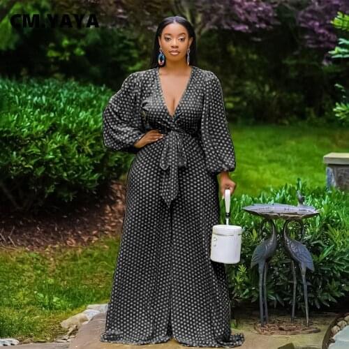 CM.YAYA Women Jumpsuits Dot Print Full Sleeve V-neck Bandage Sashes Loose Wide Leg Jumpsuits Fashion One Piece Overalls Autumn