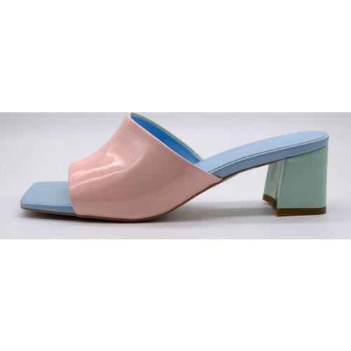 New Summer Outdoor High-heeled Slippers Women Square Toe Lattice Concise Color Matchin Sandal Chunky Heel Women Shoes Large Size