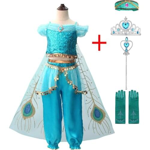 Girls Jasmine Dress Up 3 Pcs Set Arabian Princess Costume Cosplay Wigs Sequined Flower Children Party Halloween Fancy Vestidos