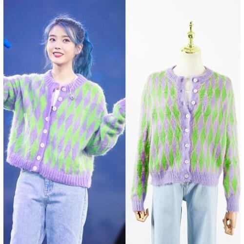 Kpop IU Lee Ji Eun concert same women splice color mohair sweaters winter streetwear warm long-sleeved cardigan knitted sweater