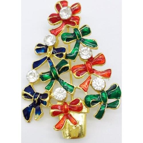 5PCS New Year Series Metal Drop Tape Rhinestone Bowl Christmas Tree Brooch 56 * 40MM Jewelry Gift Christmas Decoration Brooch