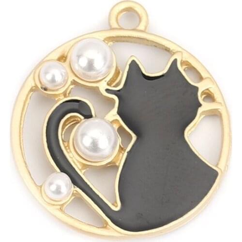 Zinc Based Alloy & Acrylic Charms Matt Round Enamel Cat Imitation Pearl Pendants For Necklace Making Findings 23mm x 20mm, 5 PCs
