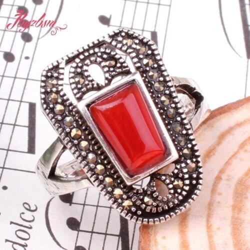 5x9mm Stone Beads Inlaid Marcastie White Tibetan Silver Classical Women Ring #7-#9 1 Pc,Send Random Size,Wholesale Free Shipping