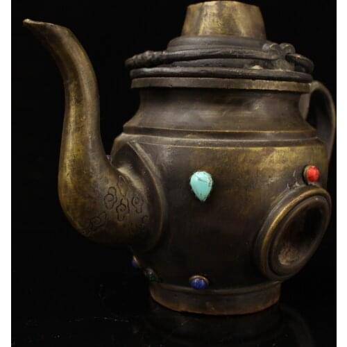 9"Chinese temple collection Old Bronze mosaic Gem character Round mouth kettle flagon teapot Town House Exorcism